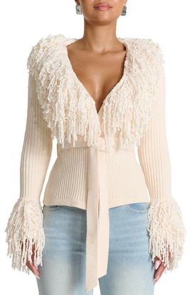 Naked Wardrobe Naked Wardrobe Fringe Tie Waist Chenille Cardigan