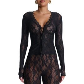 Naked Wardrobe Naked Wardrobe Lace Long Sleeve Button-Up Top