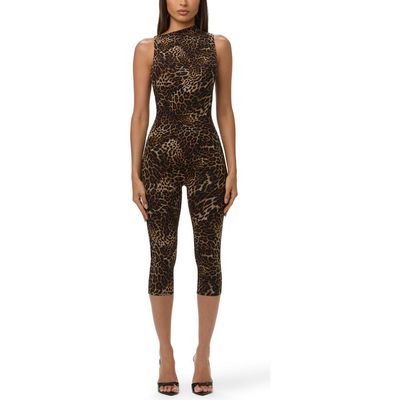 Naked Wardrobe Naked Wardrobe Leopard Print Asymmetrical Neck Capri Jumpsuit