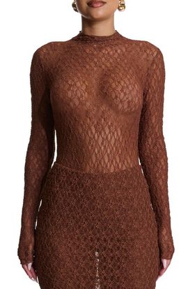Naked Wardrobe Naked Wardrobe Mock Neck Long Sleeve Lace Bodysuit
