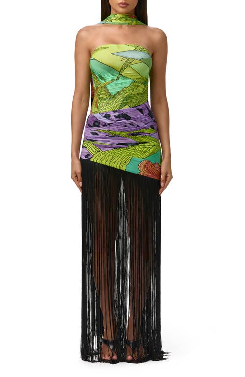 Naked Wardrobe Naked Wardrobe Print Strapless Fringe Maxi Dress with Scarf