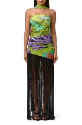Naked Wardrobe Naked Wardrobe Print Strapless Fringe Maxi Dress with Scarf