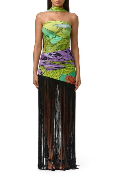 Naked Wardrobe Naked Wardrobe Print Strapless Fringe Maxi Dress with Scarf