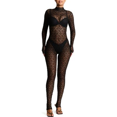 Naked Wardrobe Naked Wardrobe Sheer Lace Long Sleeve Stirrup Jumpsuit