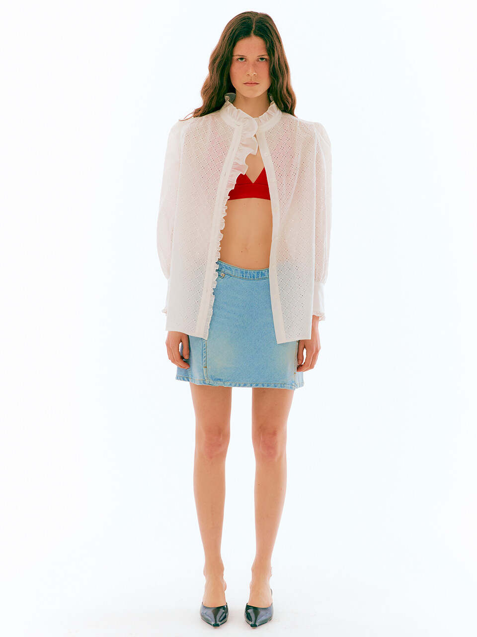 NANCYBOO Curved Waistband Denim Skirt (Light Blue)