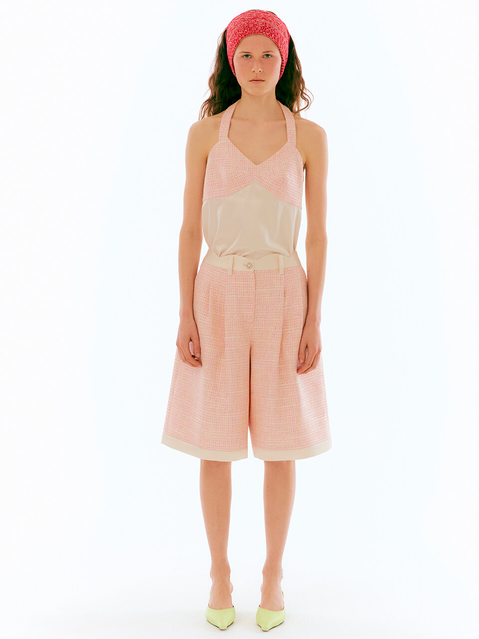NANCYBOO Pink Check PatternTweed Halter Top (Pink)