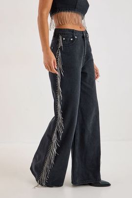 NASTY GAL NASTY GAL Denim Diamonte Tassel Straight Leg Jeans