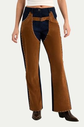 NASTY GAL NASTY GAL Denim Studded Suedette Mix Chap Jean