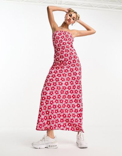Native Youth Native Youth retro floral midaxi tube dress in red