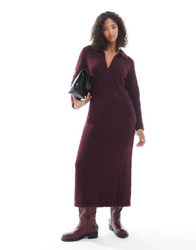 Native Youth Native Youth soft puff knit polo dress in burgundy-Red