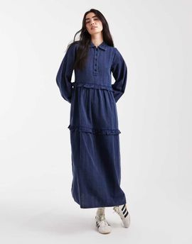 Native Youth Native Youth textured stripes washed ruffle midaxi dress in navy