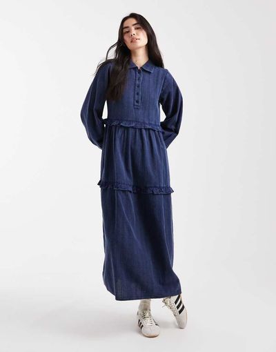 Native Youth Native Youth textured stripes washed ruffle midaxi dress in navy