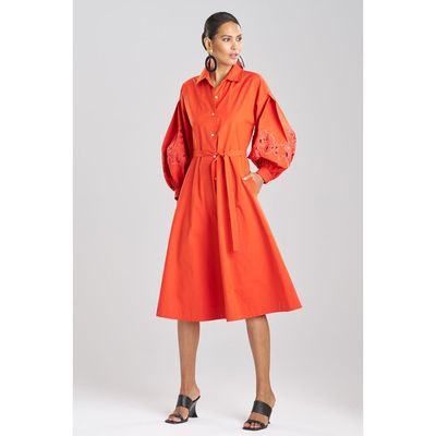 Natori Natori Tech Cotton Taffeta Balloon Sleeve Belted Shirt Dress w/ Embroidery