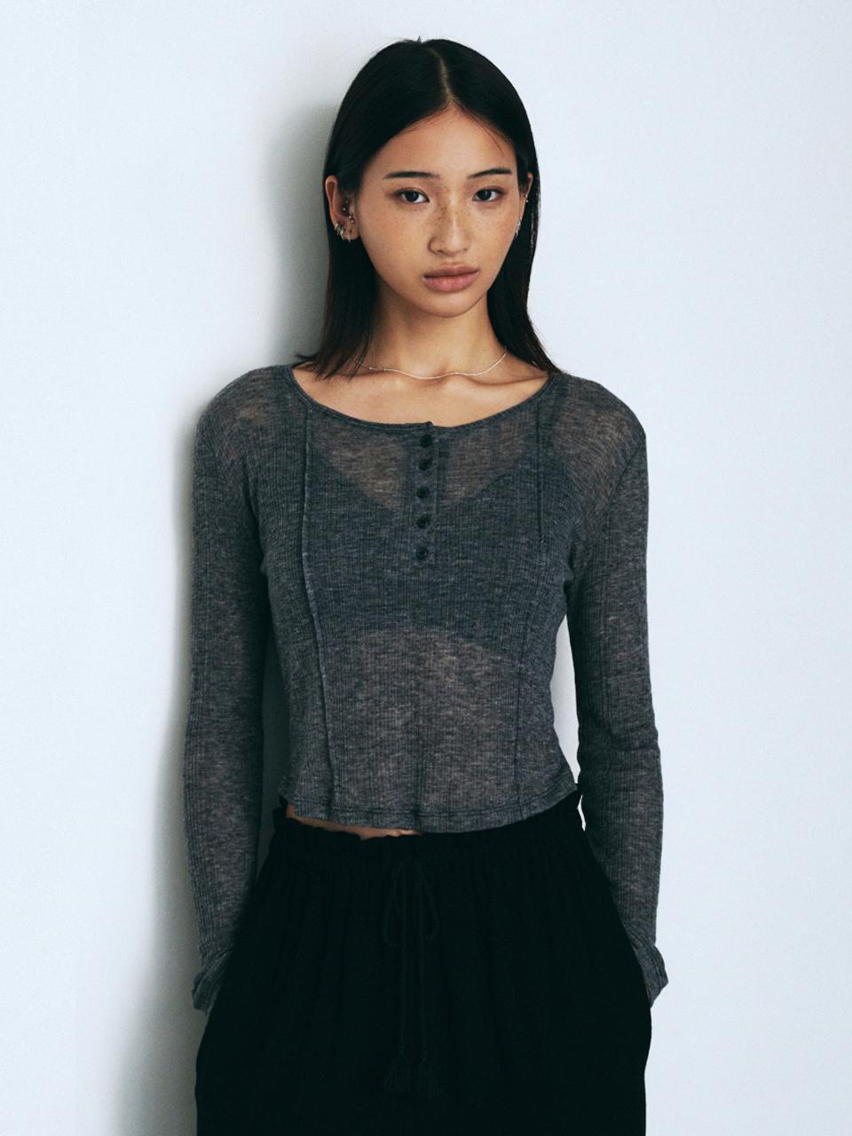 Neev See-Through Button Slim T-Shirt (Melange Gray)