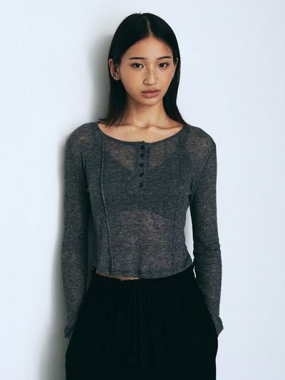 Neev See-Through Button Slim T-Shirt (Melange Gray)