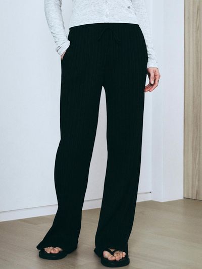 Neev Slim Ribbed Wide Banding Pants (Black)