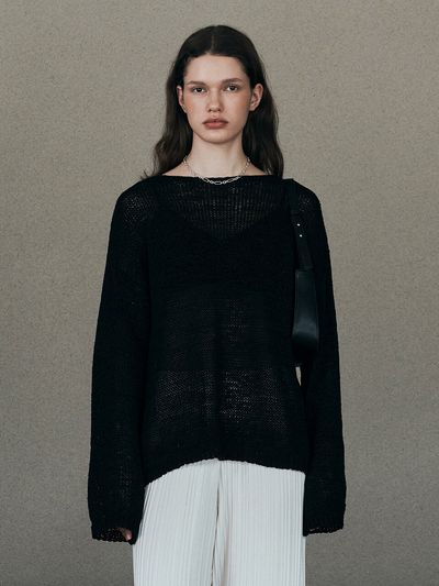 Neev Tape Boat Neck Over Fit Pullover_Black