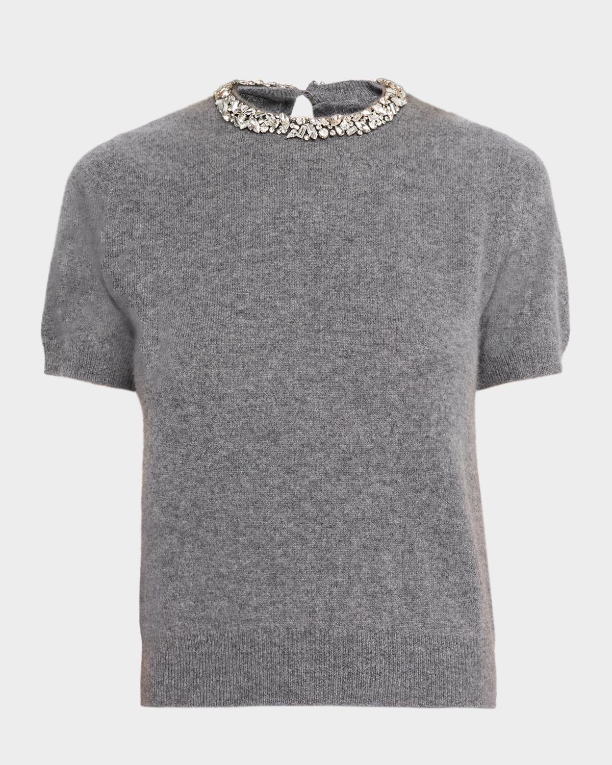 Neiman Marcus Cashmere Collection Cashmere Crystal-Trim Sweater