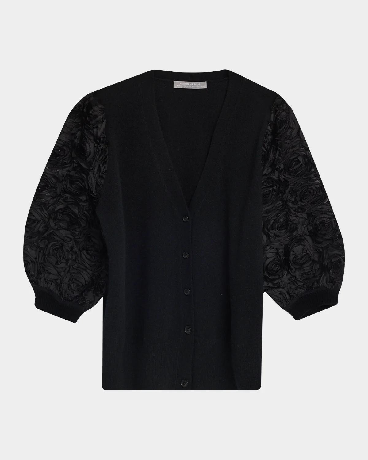 Neiman Marcus Cashmere Collection Cashmere Embroidered Mesh-Sleeve Sweater
