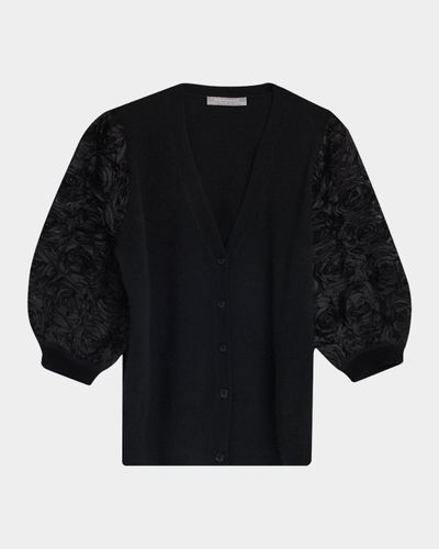 Neiman Marcus Cashmere Collection Cashmere Embroidered Mesh-Sleeve Sweater