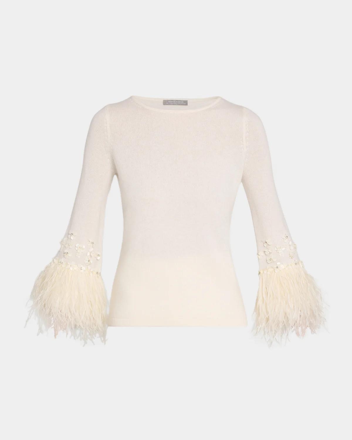 Neiman Marcus Cashmere Collection Cashmere Feather-Cuff Sweater