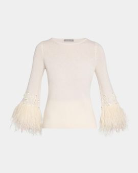 Neiman Marcus Cashmere Collection Cashmere Feather-Cuff Sweater