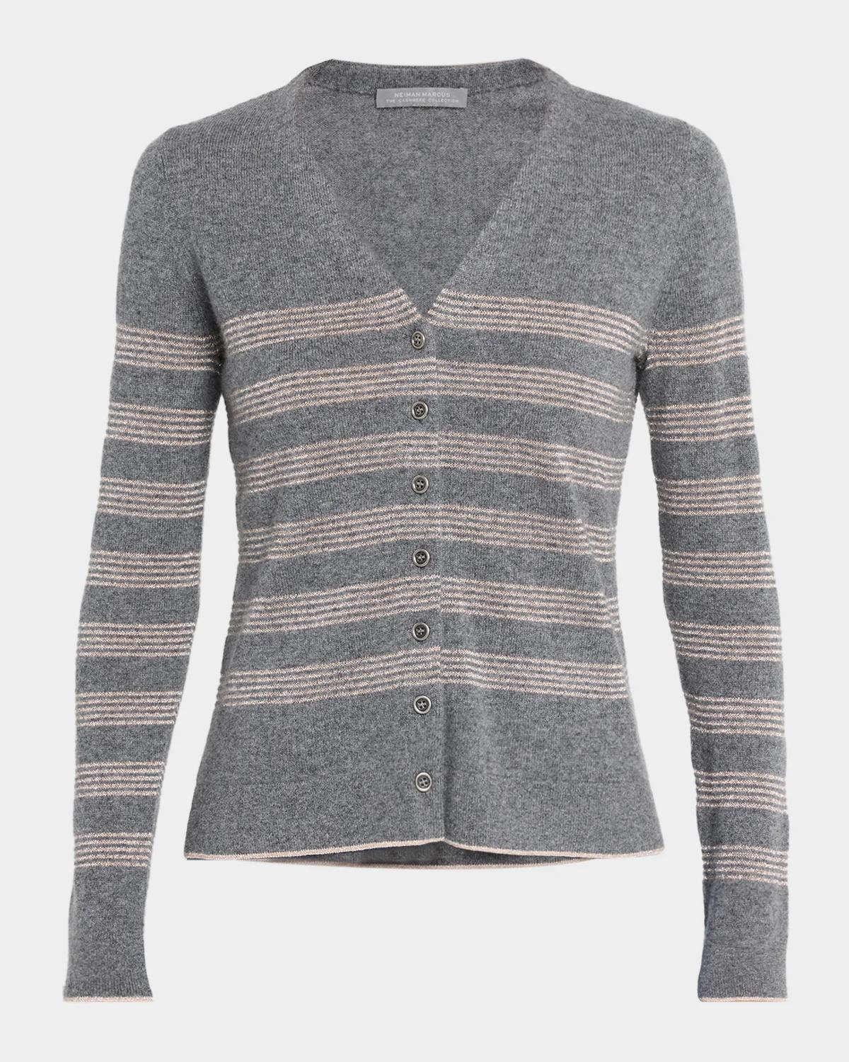 Neiman Marcus Cashmere Collection Cashmere Striped V-Neck Cardigan