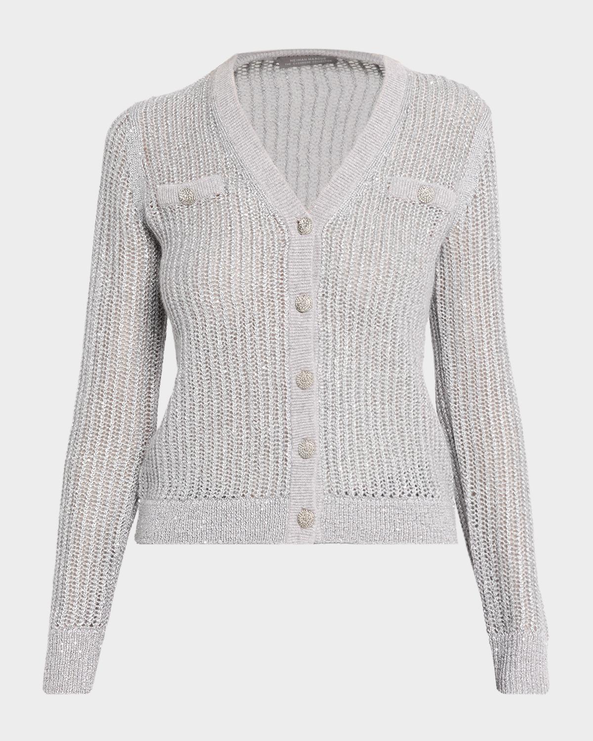 Neiman Marcus Cashmere Collection Mesh Stitch Metallic Cashmere V-Neck Cardigan