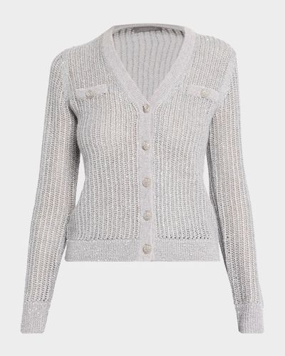 Neiman Marcus Cashmere Collection Mesh Stitch Metallic Cashmere V-Neck Cardigan