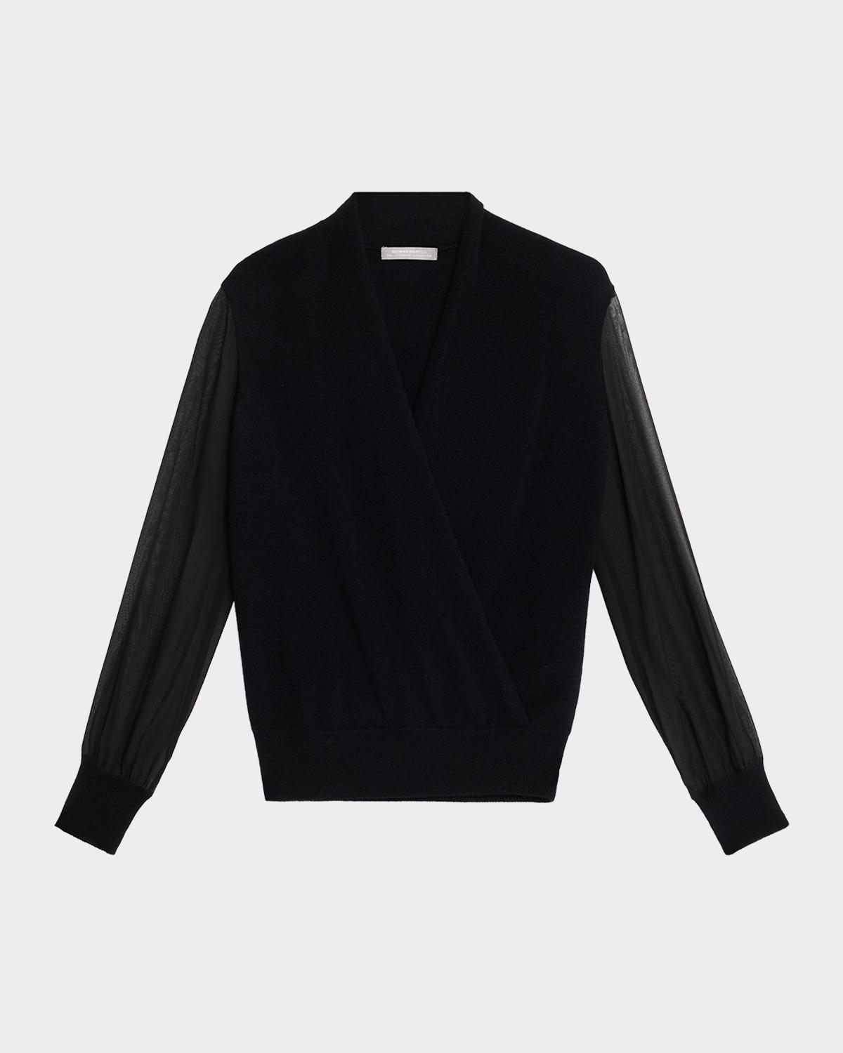 Neiman Marcus Cashmere Collection Sheer-Sleeve Surplice Sweater