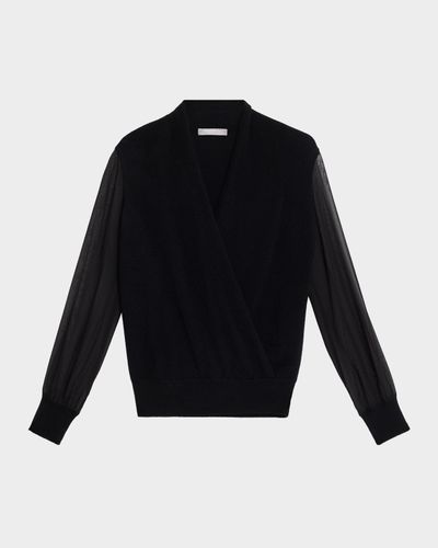 Neiman Marcus Cashmere Collection Sheer-Sleeve Surplice Sweater