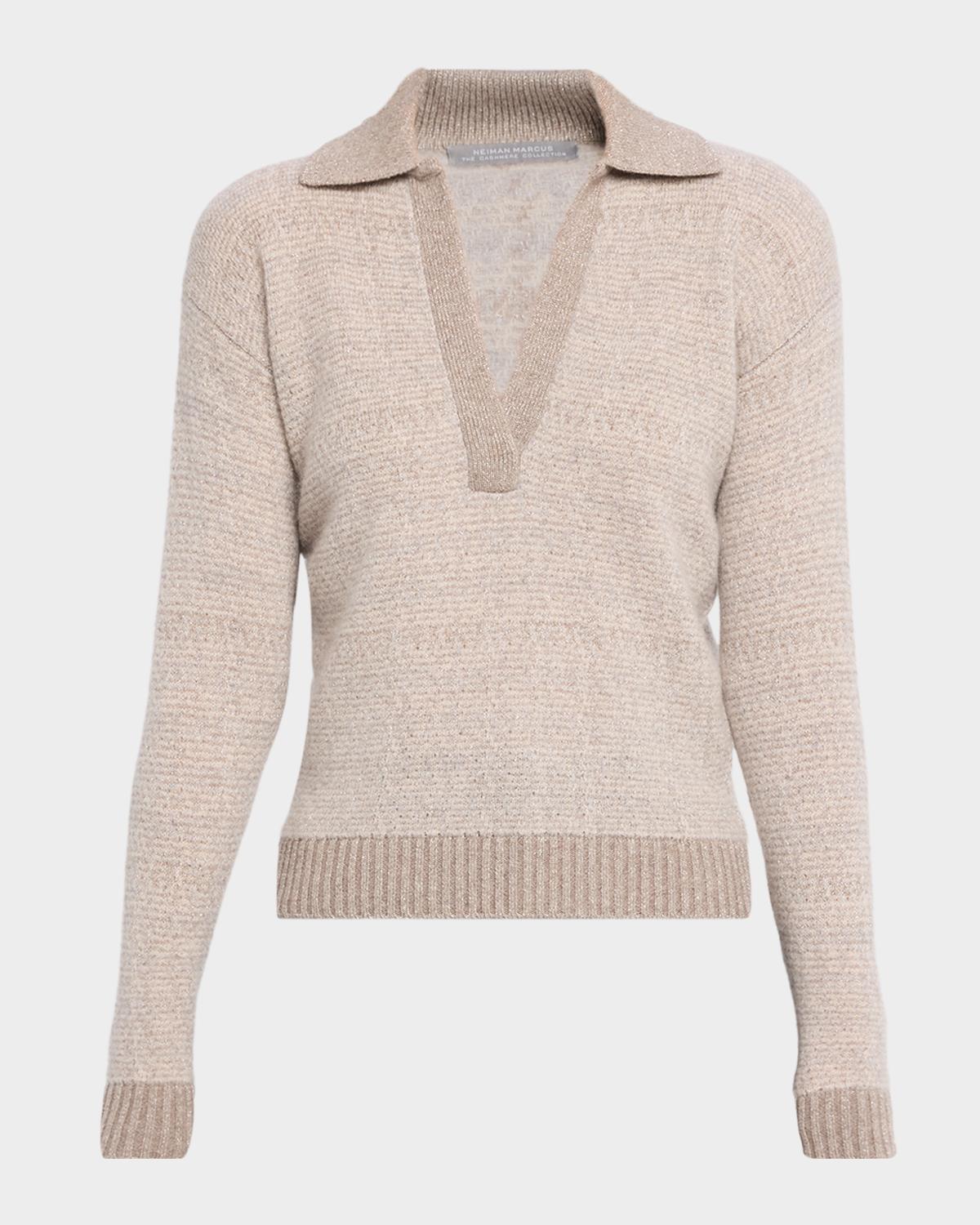 Neiman Marcus Cashmere Collection Shimmer Cashmere Johnny-Collar Sweater