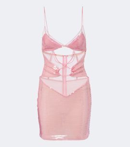 nensi dojaka layered cut out mini dress - - Hand-Embroidered Sequin Corset - Pink Matte satin dress