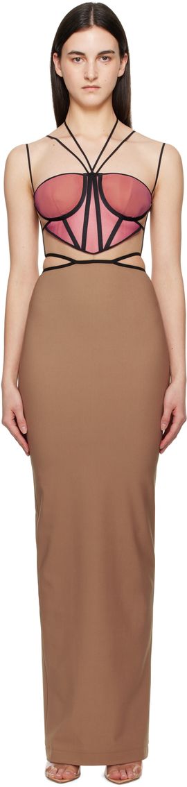 Nensi Dojaka Nensi Dojaka Tan & Pink Leila Signature Corset Maxi Dress