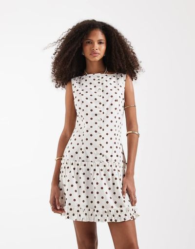 Neon Rose Neon Rose button up mini dress in cream polka dot-White
