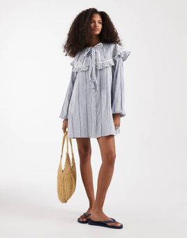 Neon Rose Neon Rose ruffle edge long sleeve babydoll dress in blue stripes