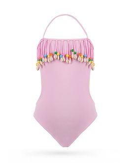 Nessi Byrd Nessi Byrd Girls' Halter Neck Cowrie Shell Fringe and Colorful Beads One-Piece Swimsuit