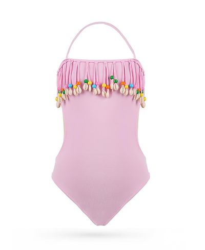 Nessi Byrd Nessi Byrd Girls' Halter Neck Cowrie Shell Fringe and Colorful Beads One-Piece Swimsuit