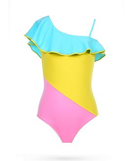 Nessi Byrd Nessi Byrd Girls' One-Shoulder Ruffled Tri-Color One-Piece Swimsuit
