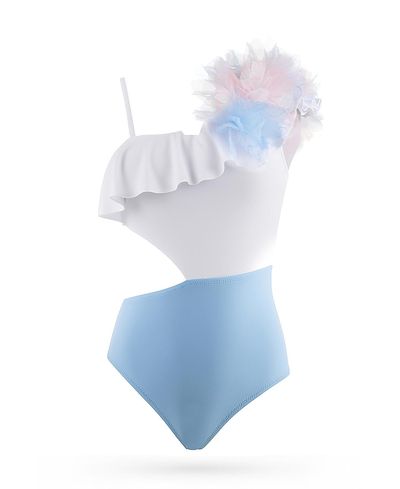 Nessi Byrd Nessi Byrd Girls' One Shoulder Cut Out with Handcrafted Tulle Flower Detail One Piece Swimsuit- Little Kid, Big Kid