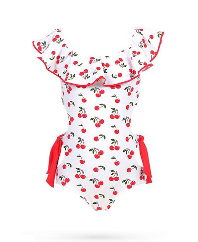 Nessi Byrd Nessi Byrd Girls' Ruffled Collar Red Cherry Motif Cut-Out and Side Ties One-Piece Swimsuit