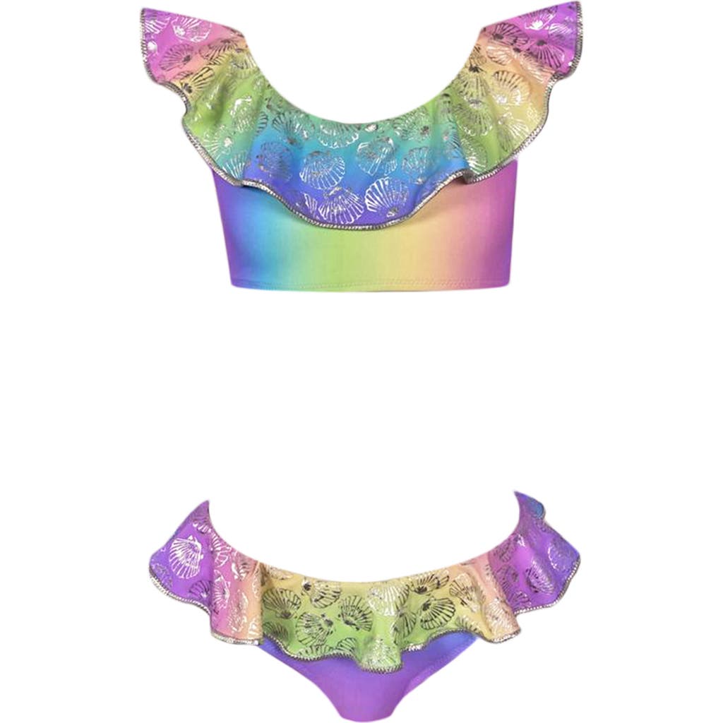 NESSI BYRD NESSI BYRD Shimmering Shell-Patterned Ruffled Boat Neck Two Piece Bikini, Little Kid