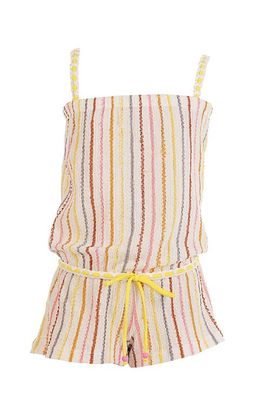 NESSI BYRD NESSI BYRD Vibrant Vertical Stripe Beach Romper with Braided Yellow Cord and Cinch Waist