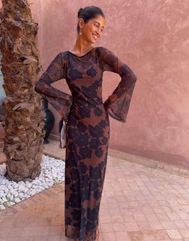 Never Fully Dressed Never Fully Dressed Aria long sleeved mesh maxi dress in brown poppy print