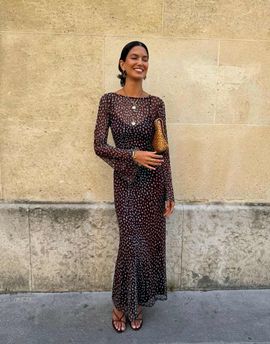 Never Fully Dressed Never Fully Dressed Aria long sleeved mesh maxi dress in chocolate and blue deer print-Multi