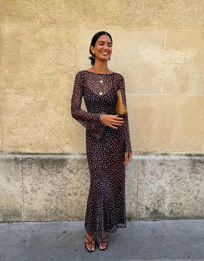 Never Fully Dressed Never Fully Dressed Aria long sleeved mesh maxi dress in chocolate and blue deer print-Multi