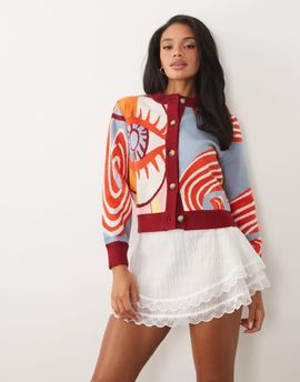 Never Fully Dressed Never Fully Dressed button down knit cardigan in swirl print-Multi