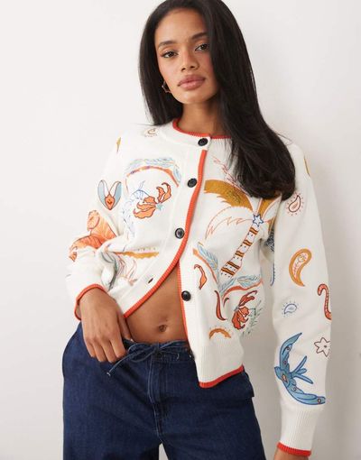 Never Fully Dressed Never Fully Dressed button down knit cardigan with embroidery in white-Multi