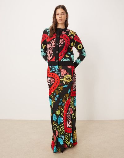 Never Fully Dressed Never Fully Dressed dorris satin maxi skirt in bright abstract print - part of a set-Multi