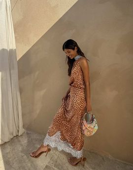 Never Fully Dressed Never Fully Dressed Fawn satin lace trim hem maxi skirt in brown deer print - part of a set